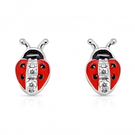 Boucles d'oreilles Coccinelle en Argent 925 rhodié, Email et Oxydes Zirconium