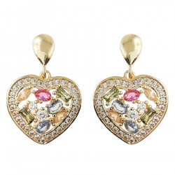 Boucles d'oreilles Coeur Plaqué Or 18 carats et Oxydes Zirconium multicolores