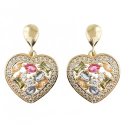 Boucles d'oreilles Coeur Plaqué Or 18 carats et Oxydes Zirconium multicolores