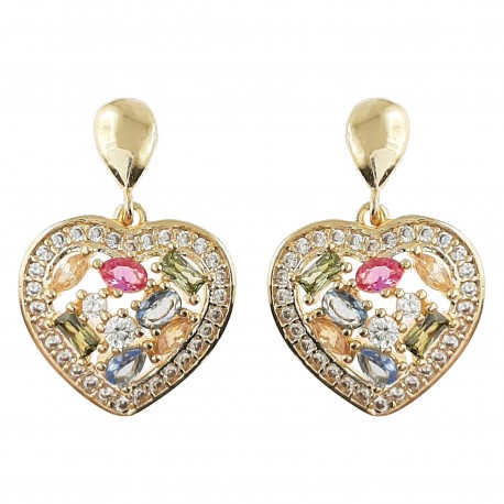 Boucles d'oreilles Coeur Plaqué Or 18 carats et Oxydes Zirconium multicolores