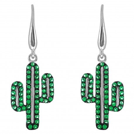 Boucles d'oreilles Cactus en Argent 925 rhodié et Oxydes Zirconium verts