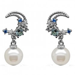 Boucles d'oreilles Lune en Argent 925 rhodié, Perle d'imitation et Oxydes Zirconium