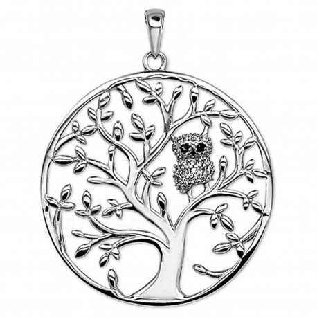 Pendentif Hibou Arbre de Vie en Argent 925 rhodié et Oxydes Zirconium