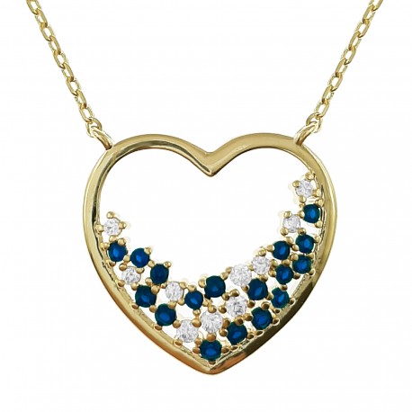 Collier Coeur Plaqué Or 18 carats et Oxydes Zirconium bleus et blancs