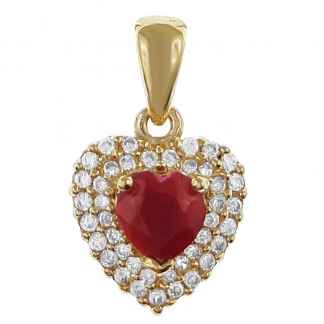 Pendentif Coeur Rubis, Plaqué or 18 carats et Oxydes de Zirconium