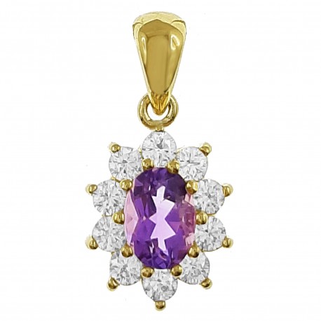 Pendentif Améthyste, Plaqué or 18 carats et Oxydes de Zirconium