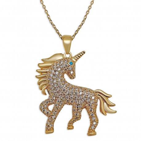 Collier Licorne Plaqué Or 18 carats et Oxydes Zirconium - 40 cm + 5cm