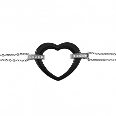 Bracelet Coeur en Acier Inoxydable, Céramique noire et Zirconium - Longueur 19cm