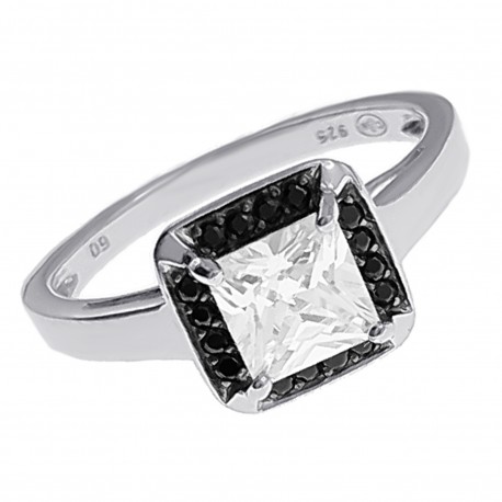 Bague en Argent 925 rhodié et Oxydes Zirconium noirs et blancs