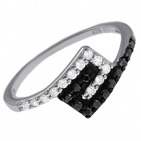 Bague en Argent 925 rhodié et Oxydes Zirconium noirs et blancs