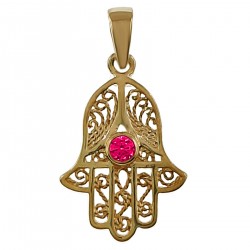 Pendentif Main de Fatma Plaqué or 18 carats et Oxyde de Zirconium rouge