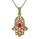 Pendentif Main de Fatma Plaqué or 18 carats et Oxyde de Zirconium rouge