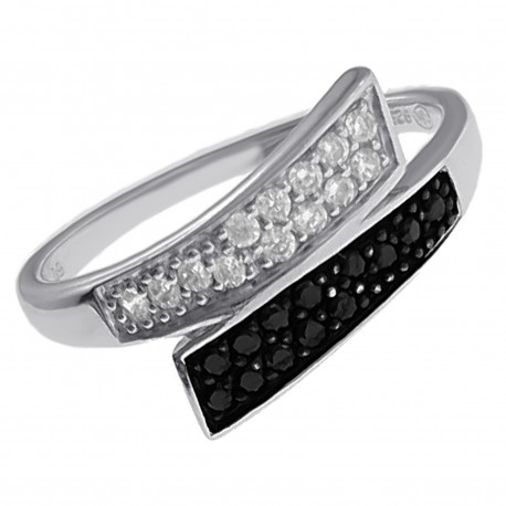 Bague en Argent 925 rhodié et Oxydes Zirconium noirs et blancs