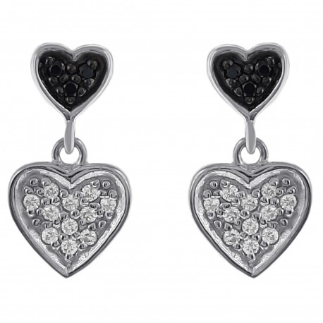 Boucles d'oreilles Coeur en Argent 925 rhodié et Oxydes Zirconium noirs et blancs