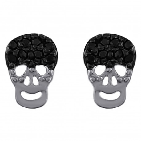 Boucles d'oreilles Tête de mort en Argent 925 rhodié et Oxydes Zirconium noirs et blancs