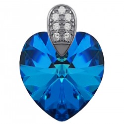 Pendentif Coeur en Argent 925 rhodié, Cristal Swarovski® Bleu Bermudes et Oxydes Zirconium