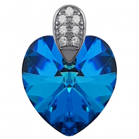 Pendentif Coeur en Argent 925 rhodié, Cristal Swarovski® Bleu Bermudes et Oxydes Zirconium