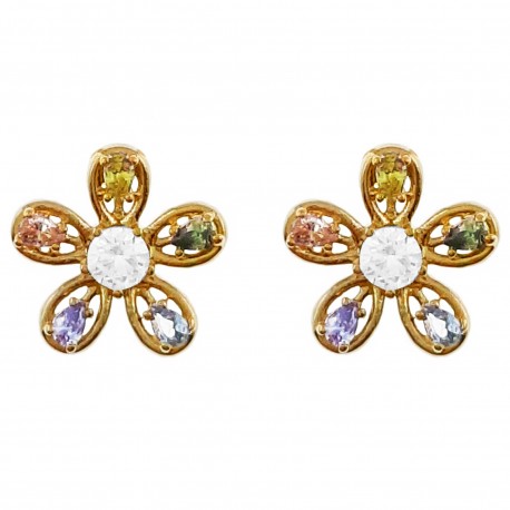 Boucles d'oreilles Fleur Plaqué Or 18 carats et Oxydes Zirconium