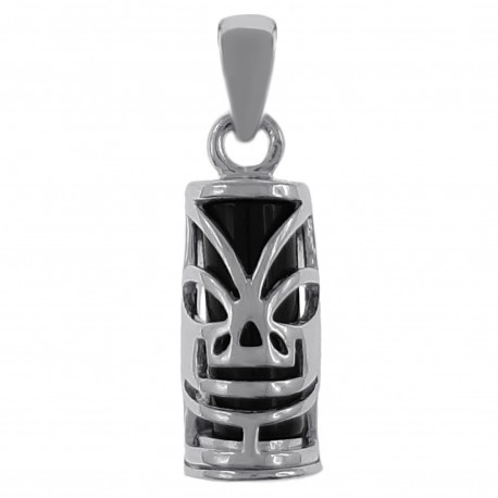 Pendentif Tiki en Argent 925 rhodié et Onyx synthétique