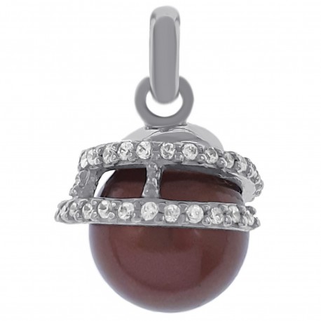 Pendentif en Argent 925 rhodié, Oxydes Zirconium et Perle marron