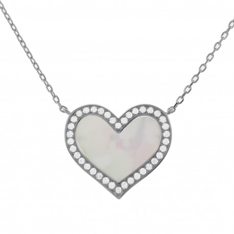 Collier Coeur en Argent 925 rhodié, Nacre et Oxydes Zirconium - Longueur 45cm