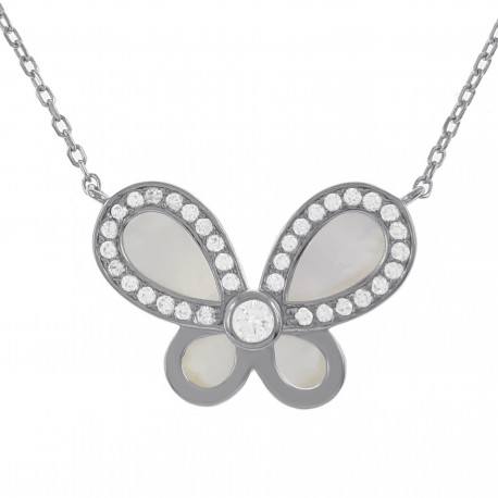 Collier Papillon en Argent 925 rhodié, Nacre et Oxydes Zirconium - Longueur 45cm