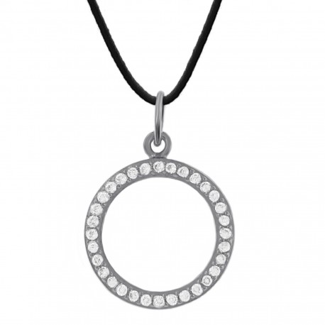 Collier en Argent 925 rhodié, Oxydes Zirconium et coton huilé noir - Longueur 45cm