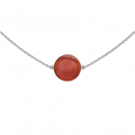 Collier ras de cou en Argent 925 rhodié et Agate rouge - Longueur 42cm