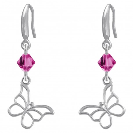 Boucles d'oreilles Papillon en Argent 925 rhodié et Cristal Swarovski© fuchsia