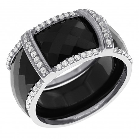 Bague en Argent 925 rhodié, Céramique noire et Oxydes Zirconium