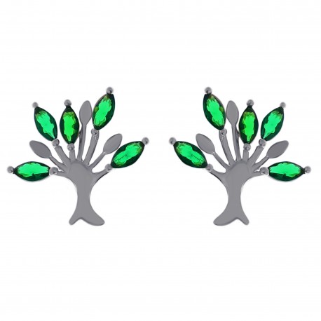 Boucles d'oreilles Arbre de Vie en Argent 925 rhodié et Oxydes Zirconium verts