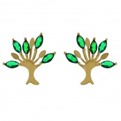 Boucles d'oreilles Arbre de Vie Plaqué Or 18 carats et Oxydes Zirconium verts