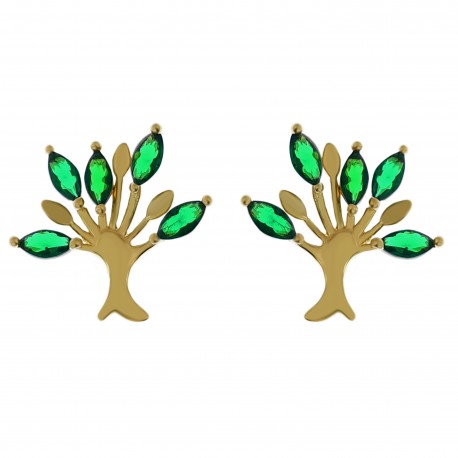 Boucles d'oreilles Arbre de Vie Plaqué Or 18 carats et Oxydes Zirconium verts