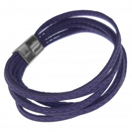 Bracelet en cuir violet et acier inoxydable