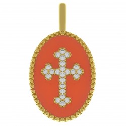 Pendentif Croix Plaqué or 18 carats, émail orange et Oxydes zirconium