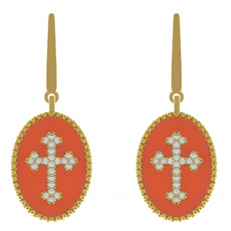 Boucles d'oreilles Croix Plaqué Or 18 carats, émail orange et Oxydes Zirconium