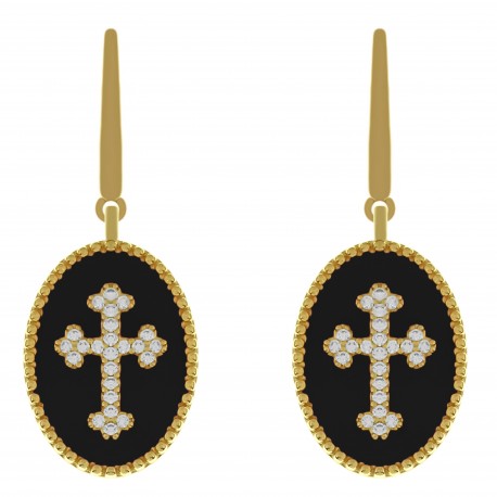 Boucles d'oreilles Croix Plaqué Or 18 carats, émail noir et Oxydes Zirconium