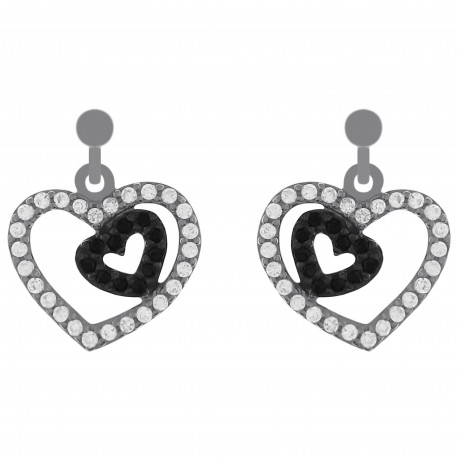 Boucles d'oreilles Coeurs en Argent 925 rhodié et Oxydes Zirconium noirs et blancs