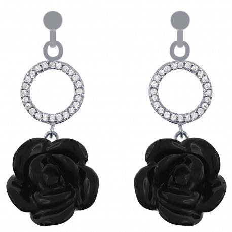 Boucles d'oreilles rose noire en Argent 925 rhodié, céramique et Oxydes Zirconium