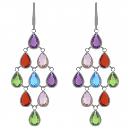 Boucles d'oreilles en Argent 925 rhodié et Oxydes Zirconium multicolores