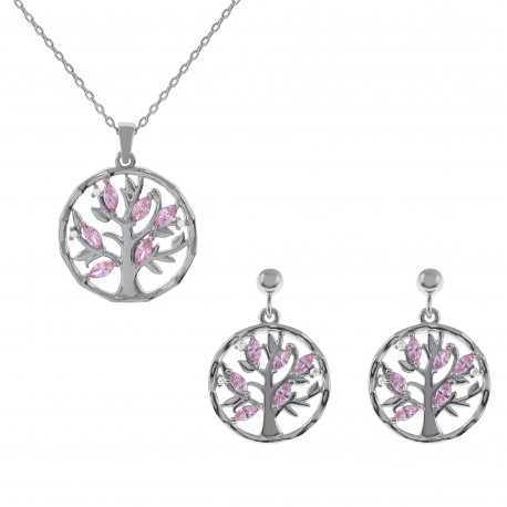 Parure Arbre de Vie en Argent 925 rhodié et Oxydes de zirconium rose