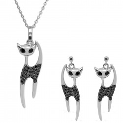 Parure Chat en Argent 925 rhodié et Oxydes de zirconium noirs