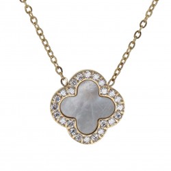 Collier Trèfle en Acier inoxydable doré, Nacre et Zircones