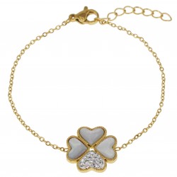 Bracelet Trèfle en Acier doré, Nacre et Zircones