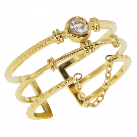 Bague réglable en Acier doré et Zircone
