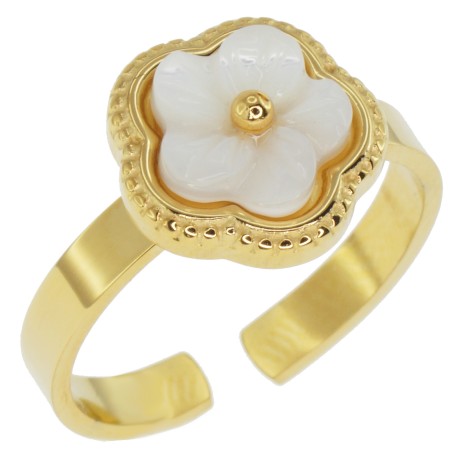 Bague réglable Fleur en Acier doré et Nacre