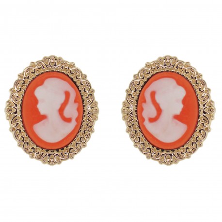 Boucles d'oreilles Camée orange et blanc Plaqué Or et Résine