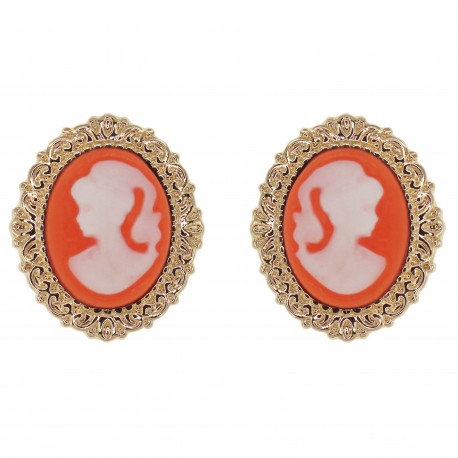 Boucles d'oreilles Camée orange et blanc Plaqué Or et Résine