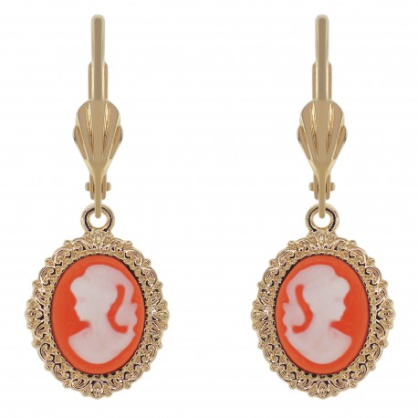 Boucles d'oreilles pendantes Camée orange et blanc Plaqué Or et Résine