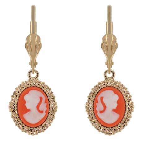 Boucles d'oreilles pendantes Camée orange et blanc Plaqué Or et Résine